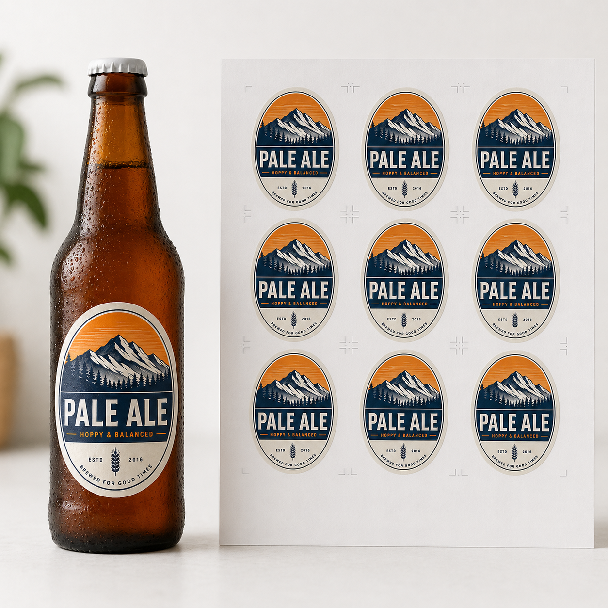 Oval sheet labels for craft beer bottles, featuring Pale Ale product stickers on a brown glass bottle and matching label sheet