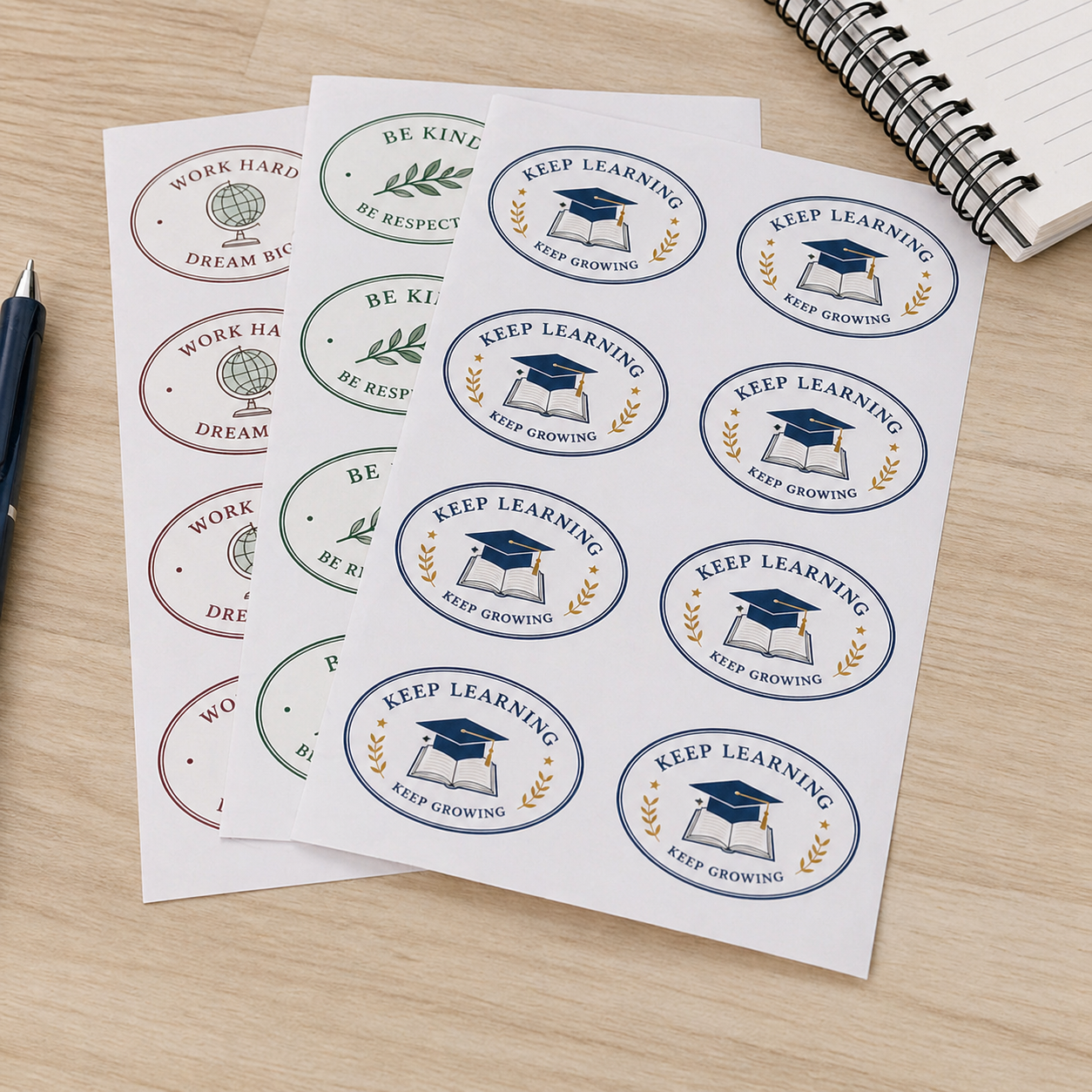 Oval sheet labels for education and classroom rewards, featuring Keep Learning stickers with graduation cap artwork printed on label sheets beside a notebook and pen