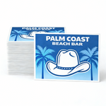 Stack of 'Palm Coast Beach Bar' rectangle stickers with a cowboy hat and palm tree design on a white background.