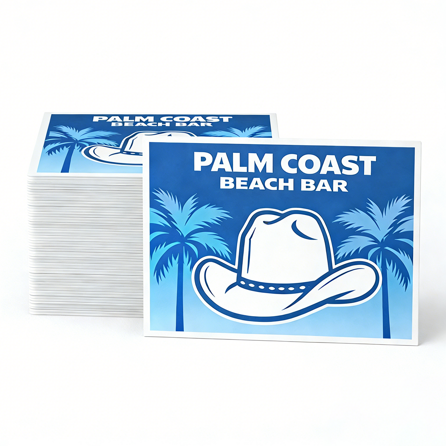Stack of 'Palm Coast Beach Bar' rectangle stickers with a cowboy hat and palm tree design on a white background.