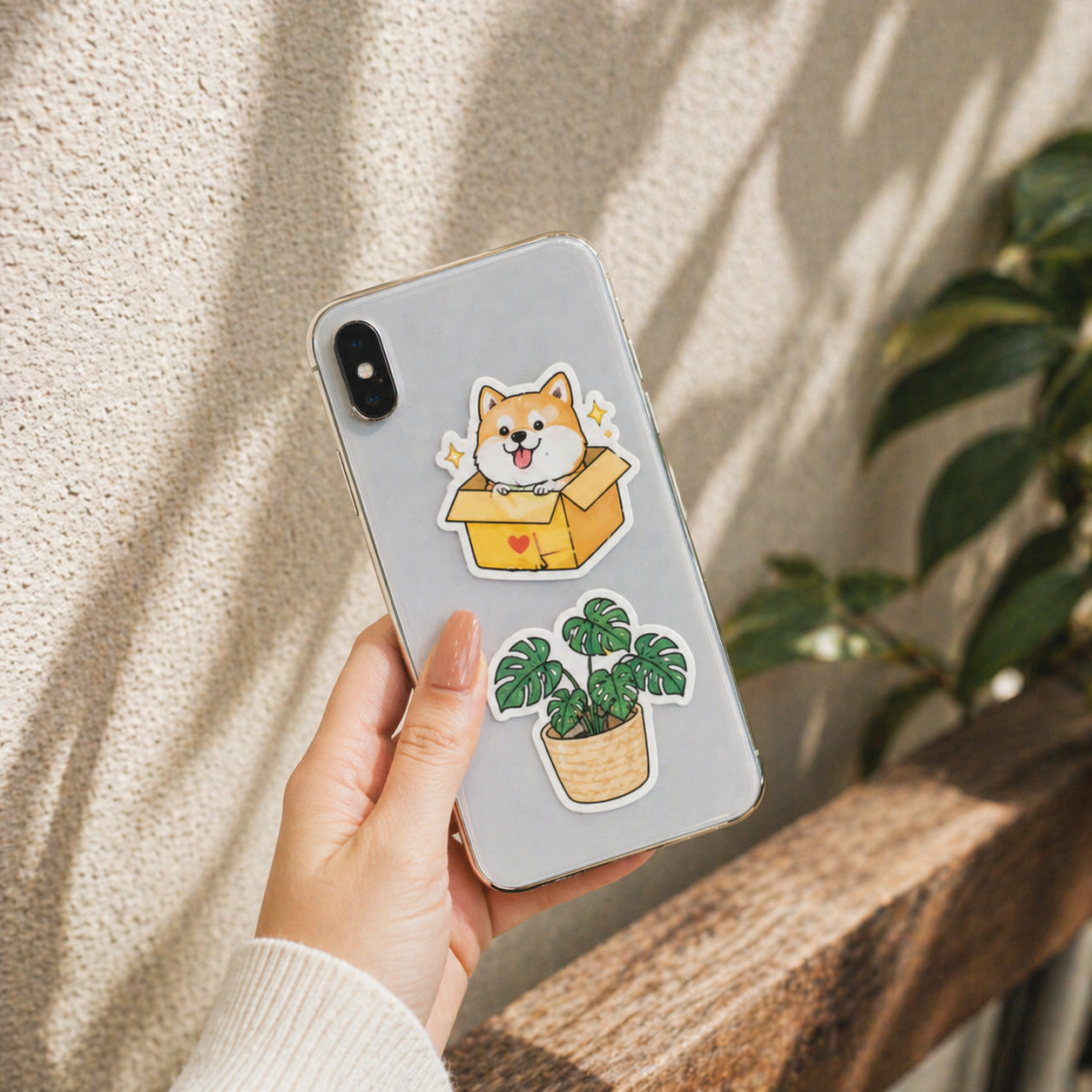 Phone with dog and plant stickers held by a hand against a neutral background
