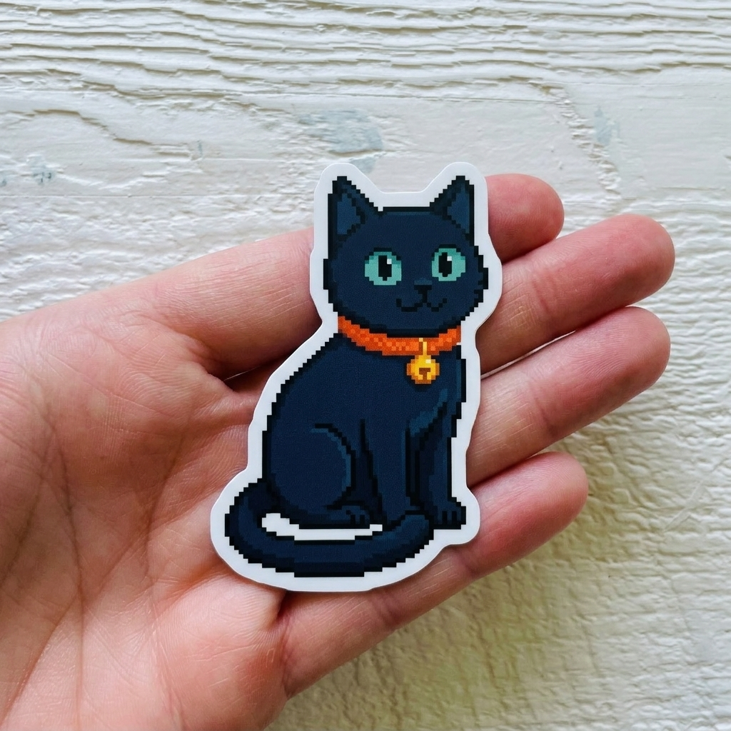 Hand holding a pixelated black cat sticker with an orange collar.