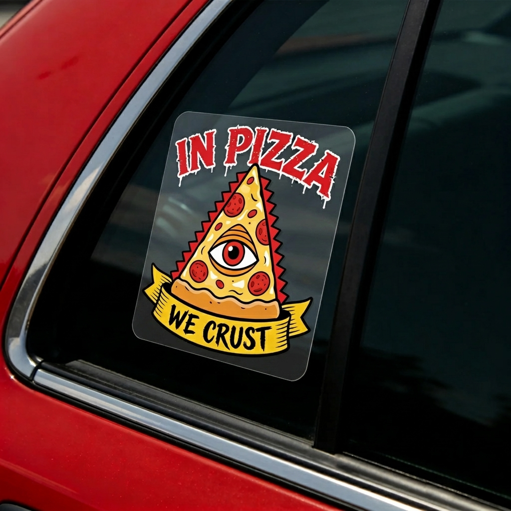 Custom static cling applied on car window with pizza graphic removable window decal without adhesive