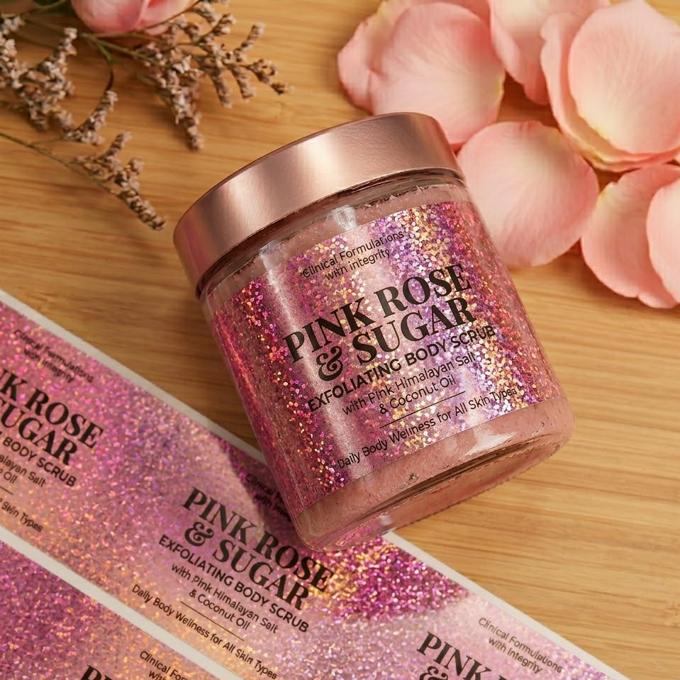 Premium pink glitter packaging labels on a body scrub jar, showcasing waterproof glitter labels for cosmetics and wellness products.