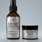 Professional custom silver foil labels with a refined metallic aesthetic on barbershop grooming bottles, ensuring a cohesive brand presence and high-end texture.