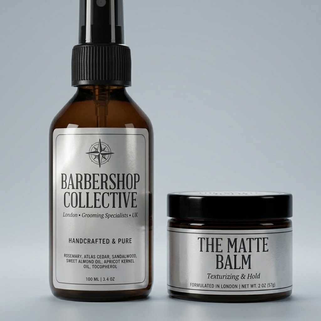 Professional custom silver foil labels with a refined metallic aesthetic on barbershop grooming bottles, ensuring a cohesive brand presence and high-end texture.