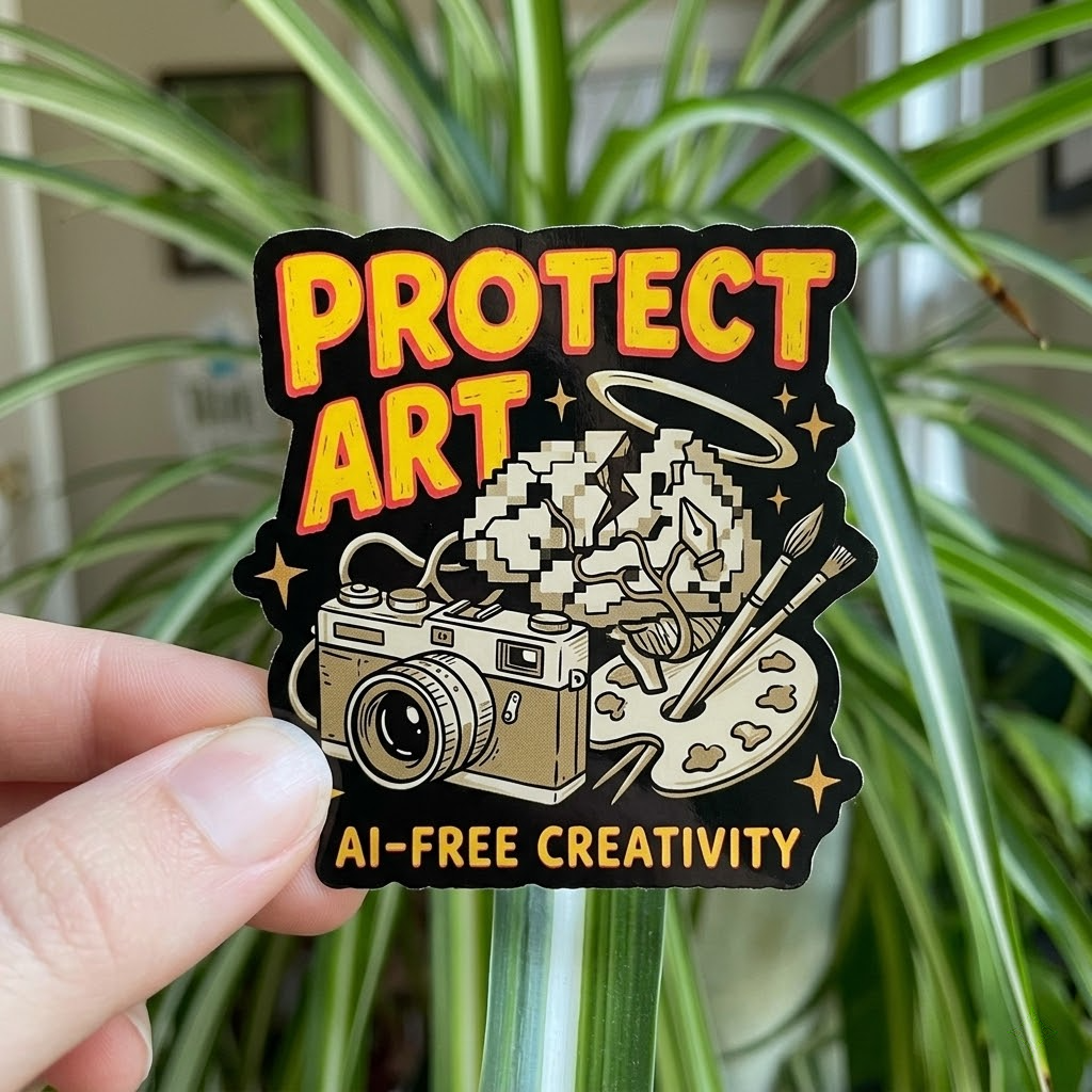 Hand holding a vinyl sticker that reads “Protect Art AI-Free Creativity” featuring a camera, paint palette, brushes, and pixelated brain design against a green plant background.