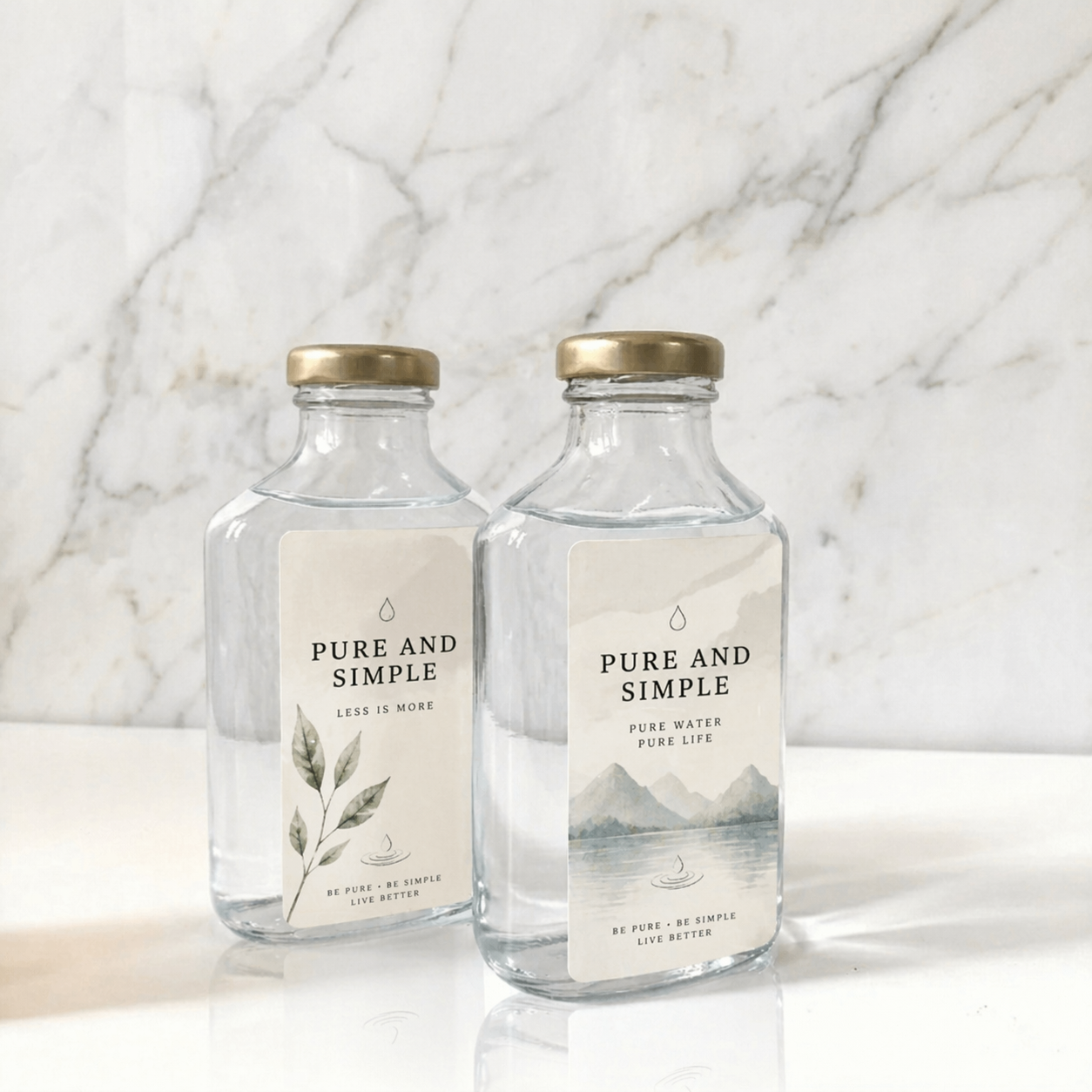 Two clear glass bottles with gold lids and 'Pure and Simple' labels on a marble surface.