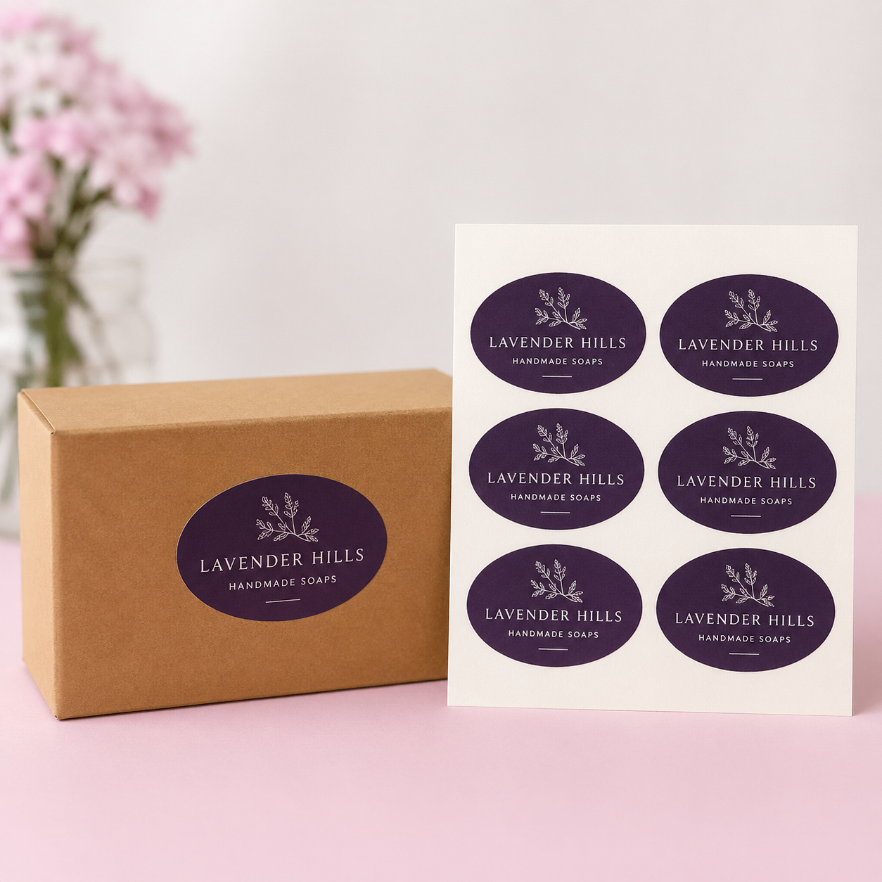 Purple oval sheet labels for Lavender Hills packaging, shown on a kraft gift box and matching sticker sheet for small business branding