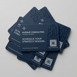 QR Code Stickers for Avenue Consulting business cards on a light gray background, including business website, logo, and business promise