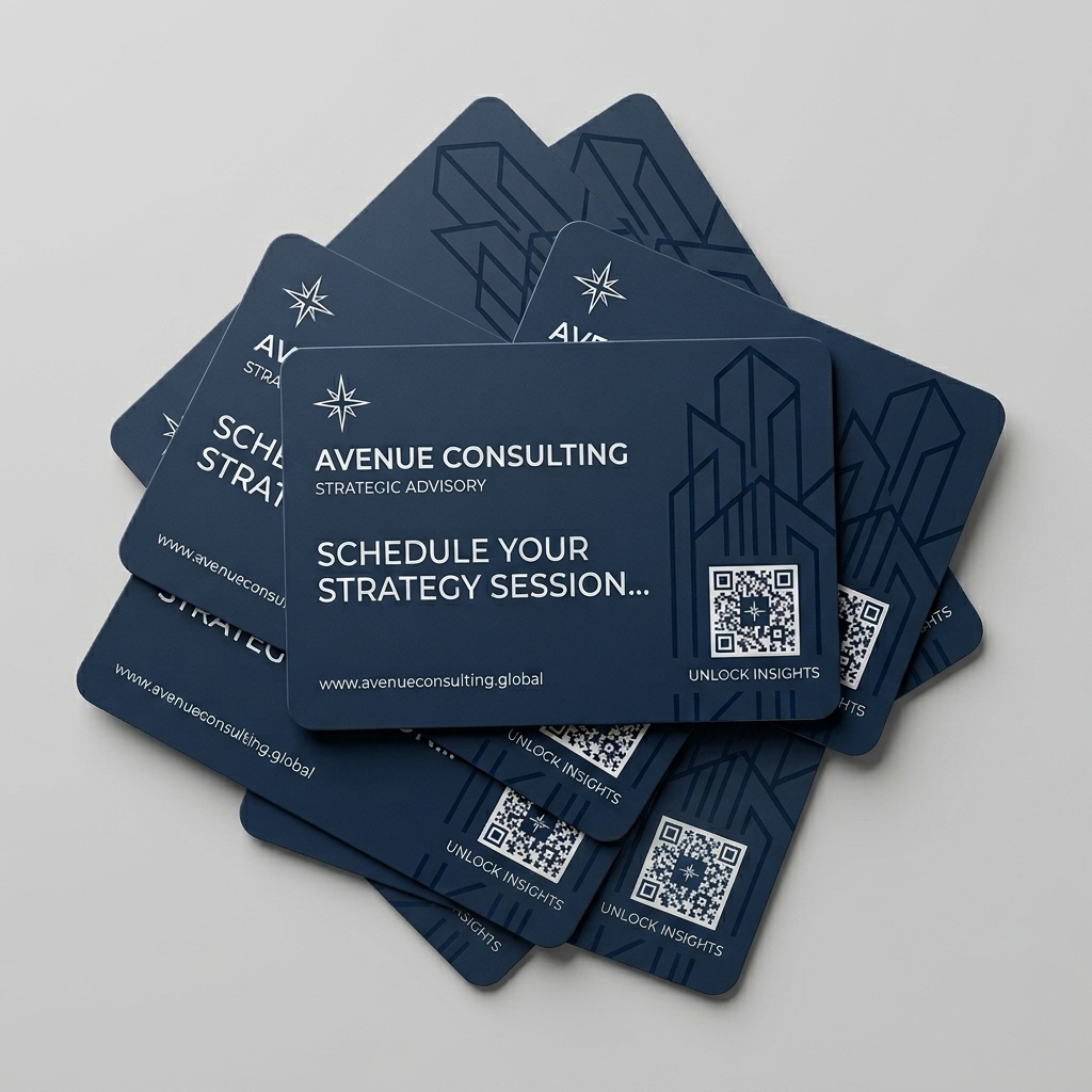 QR Code Stickers for Avenue Consulting business cards on a light gray background, including business website, logo, and business promise