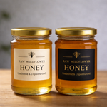 Raw wildflower honey jars with custom label design food packaging branding