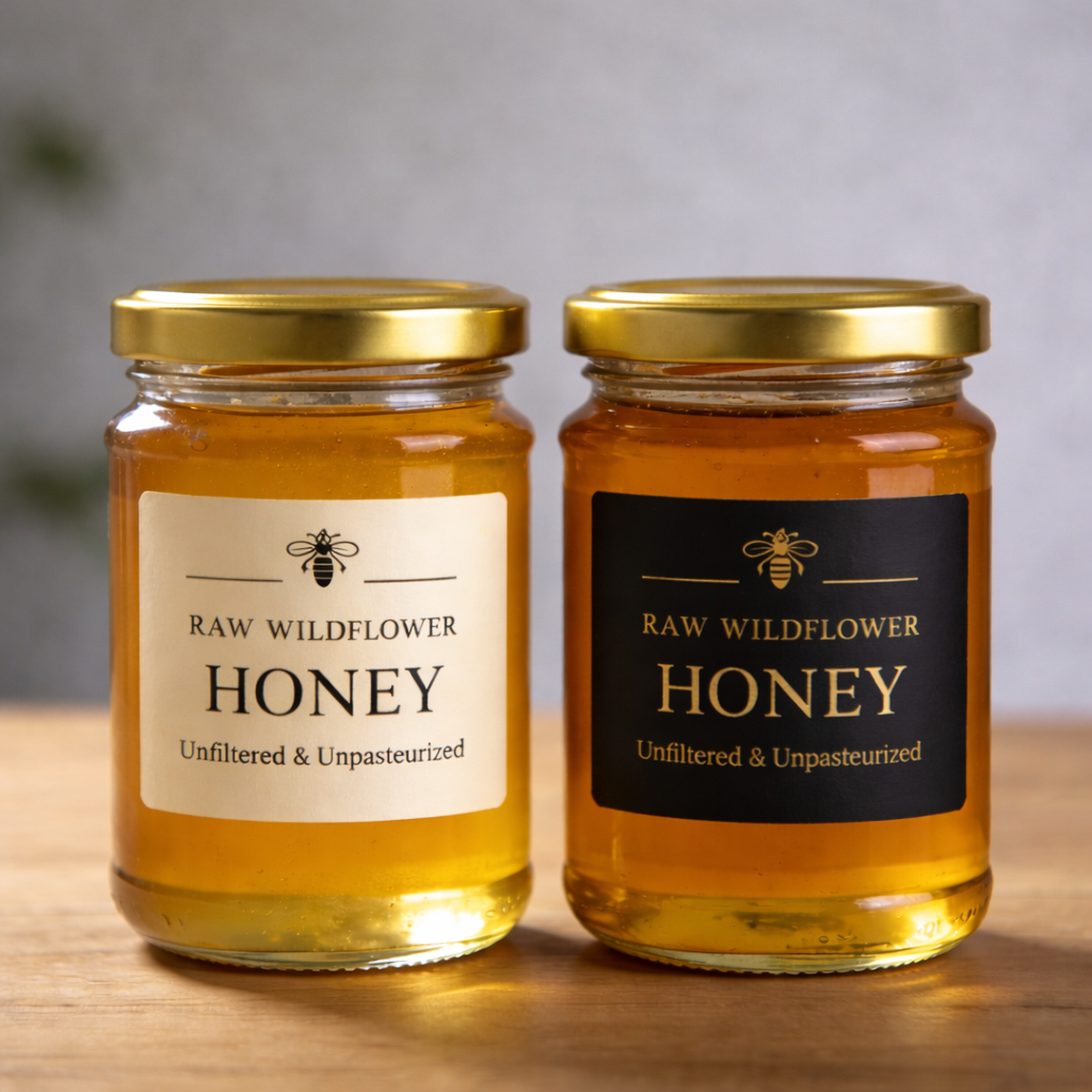 Raw wildflower honey jars with custom label design food packaging branding