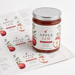 Rectangular labels displayed with a jar of apple jam, showing coordinated packaging and label sheet designs.