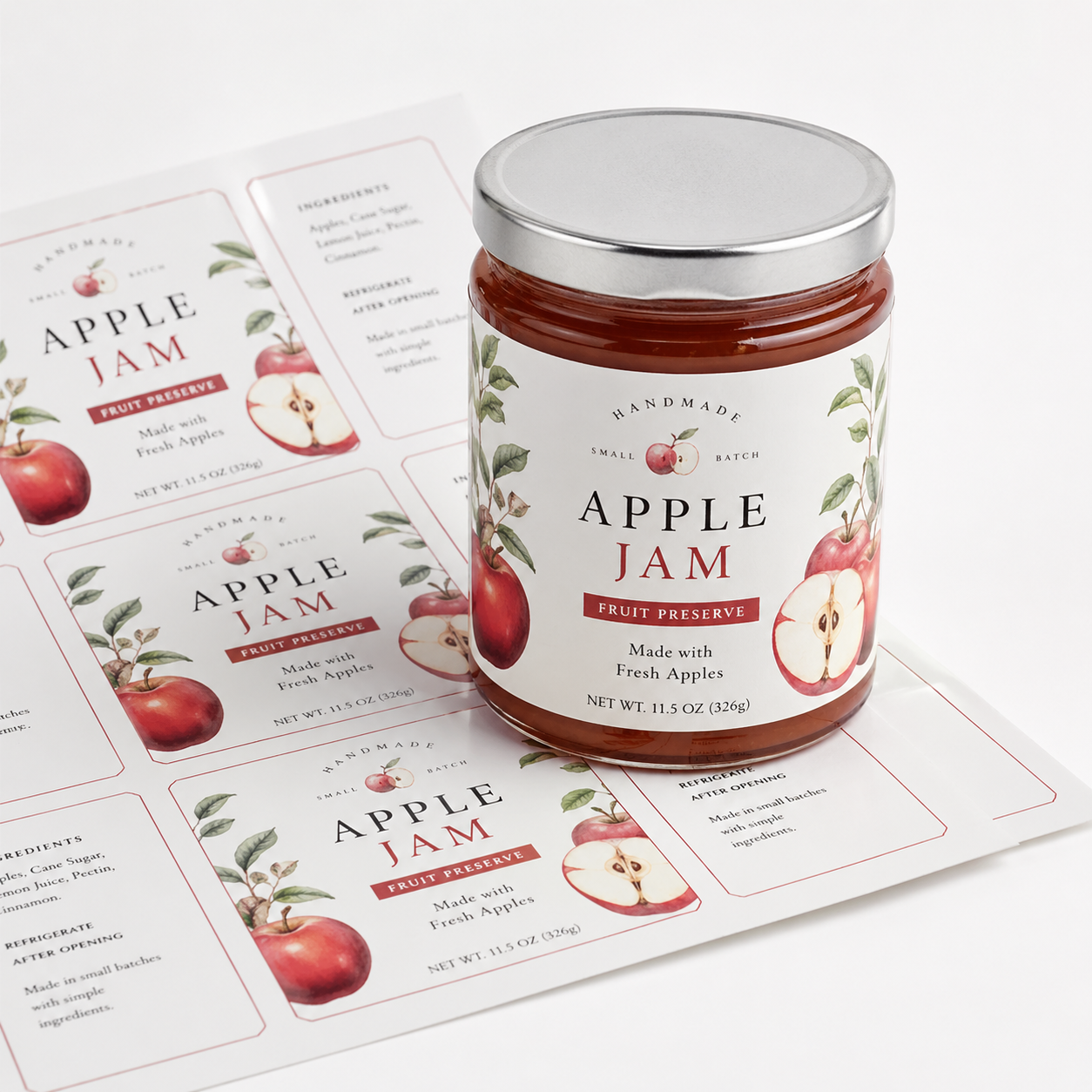 Rectangular labels displayed with a jar of apple jam, showing coordinated packaging and label sheet designs.