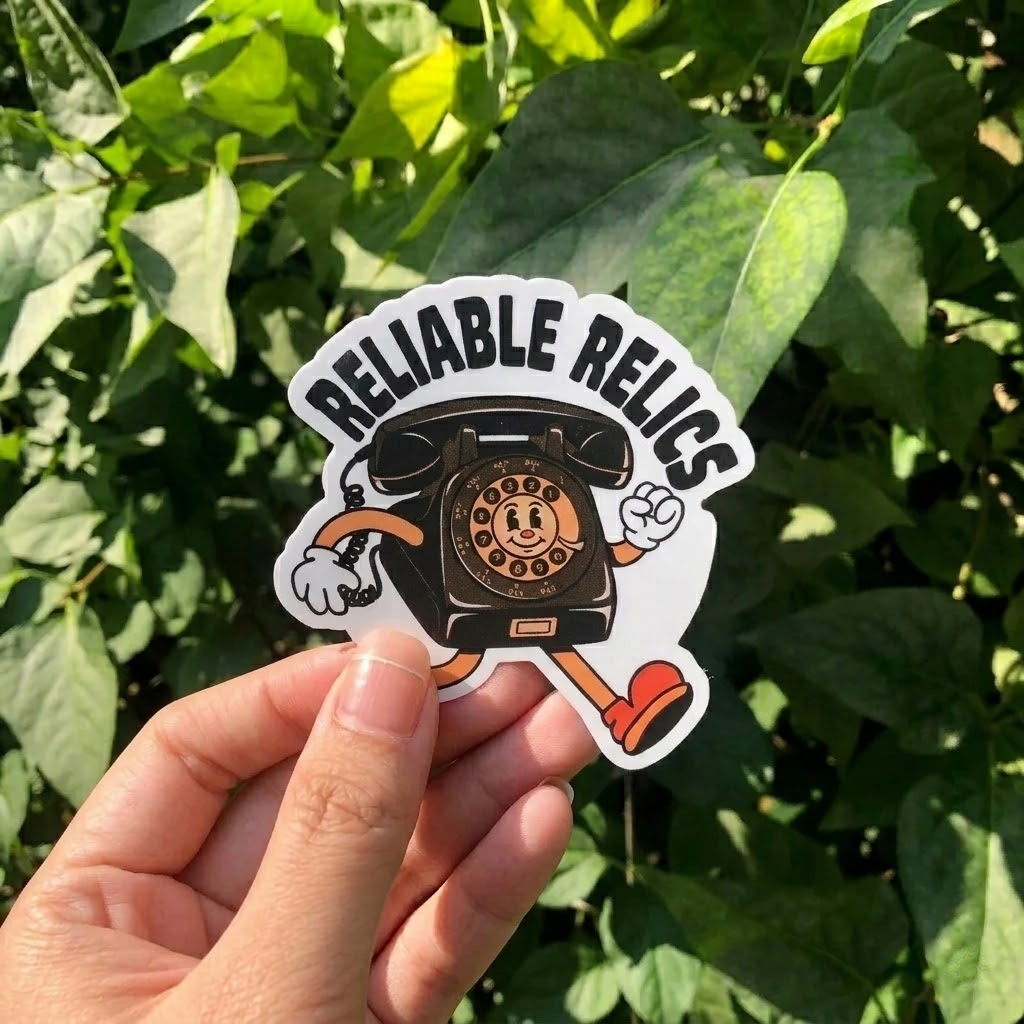 Hand holding a 'Reliable Relics' sticker with a vintage phone design against a green leafy background.
