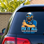 Car with 'Fix It All Home Repair Services' decal for promotion on the back window