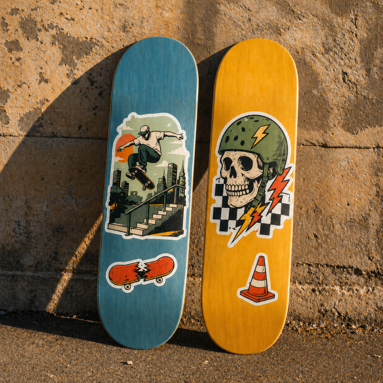 Retro skateboard stickers featuring a skater and skull designs on two skateboards leaning against a wall.