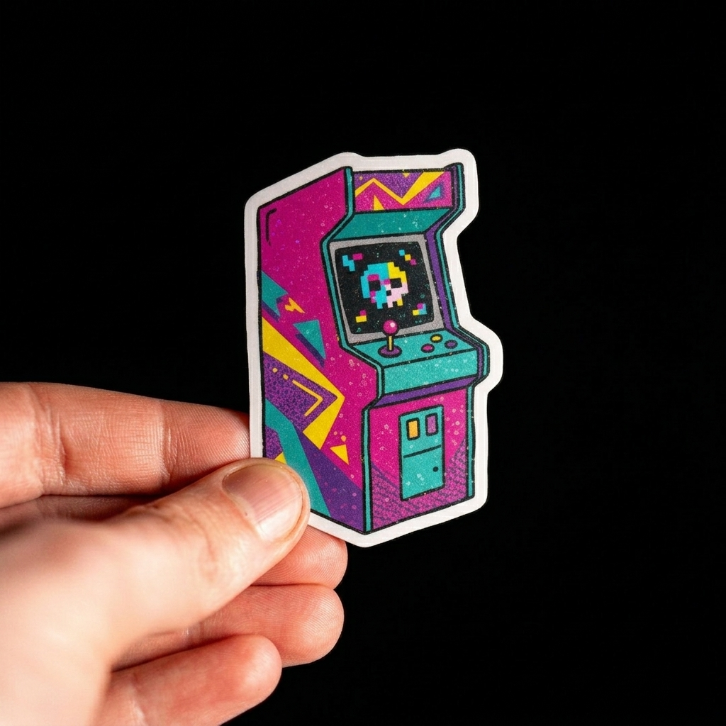 Hand holding a retro-style arcade machine sticker against a black background