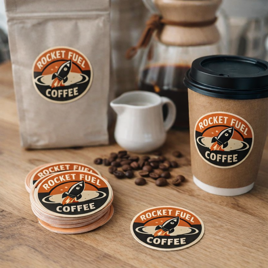 custom xircle vinyl sticker for Rocket Fuel Coffee packaging including a bag, cup, and coasters on a wooden surface.