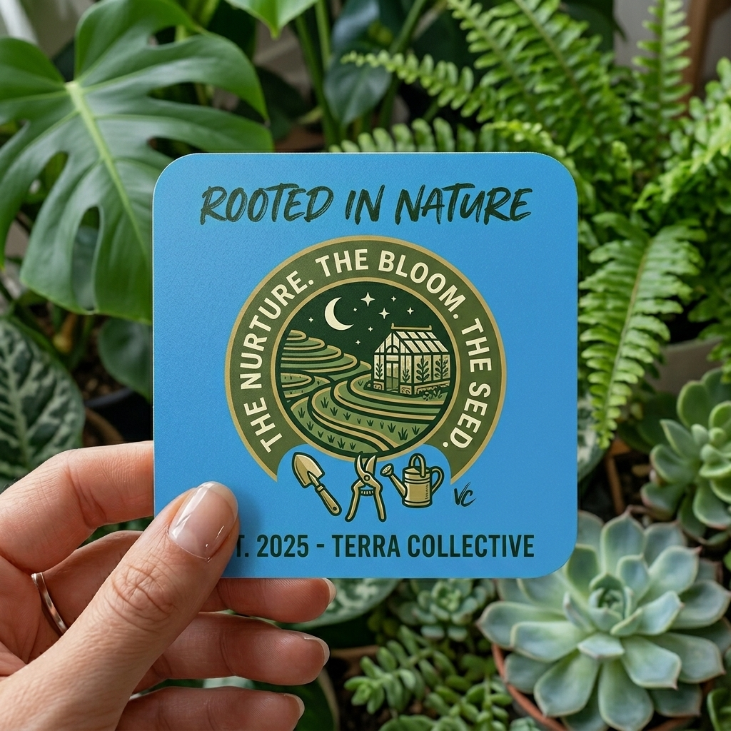 Rounded sticker with brand logo and themed 'Rooted in Nature' design held in front of plants