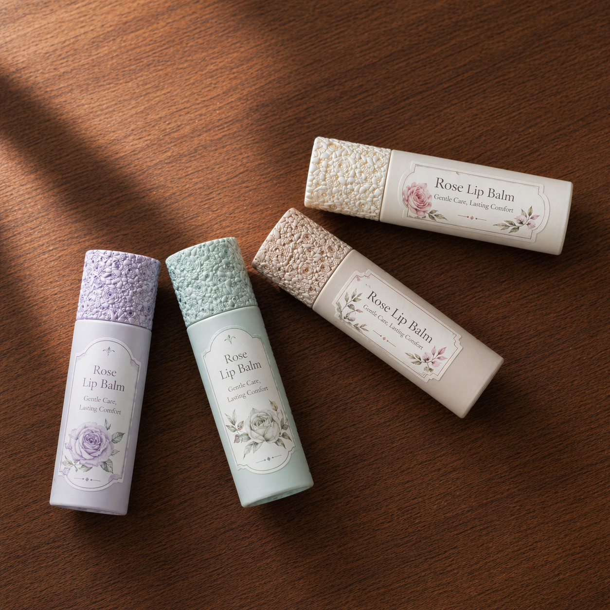 Four tube rose lip balms with logo labels​ on a wooden surface