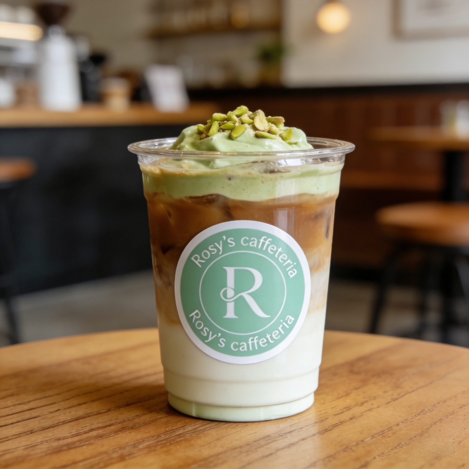 Green iced coffee with pistachio toppings in a Rosy's Caffetteria cup on a wooden table.