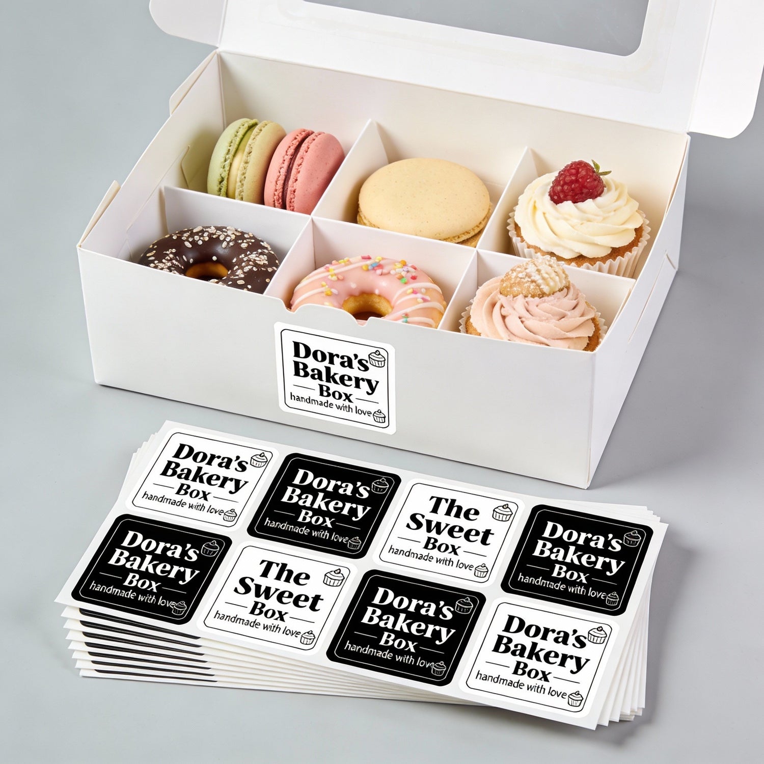Box of assorted pastries with 'Dora's Bakery Box' Rounded corner sheet labels on a gray background