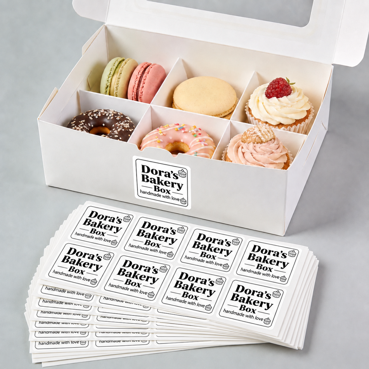 Box of assorted pastries with 'Dora's Bakery Box' Rounded corner sheet labels on a gray background
