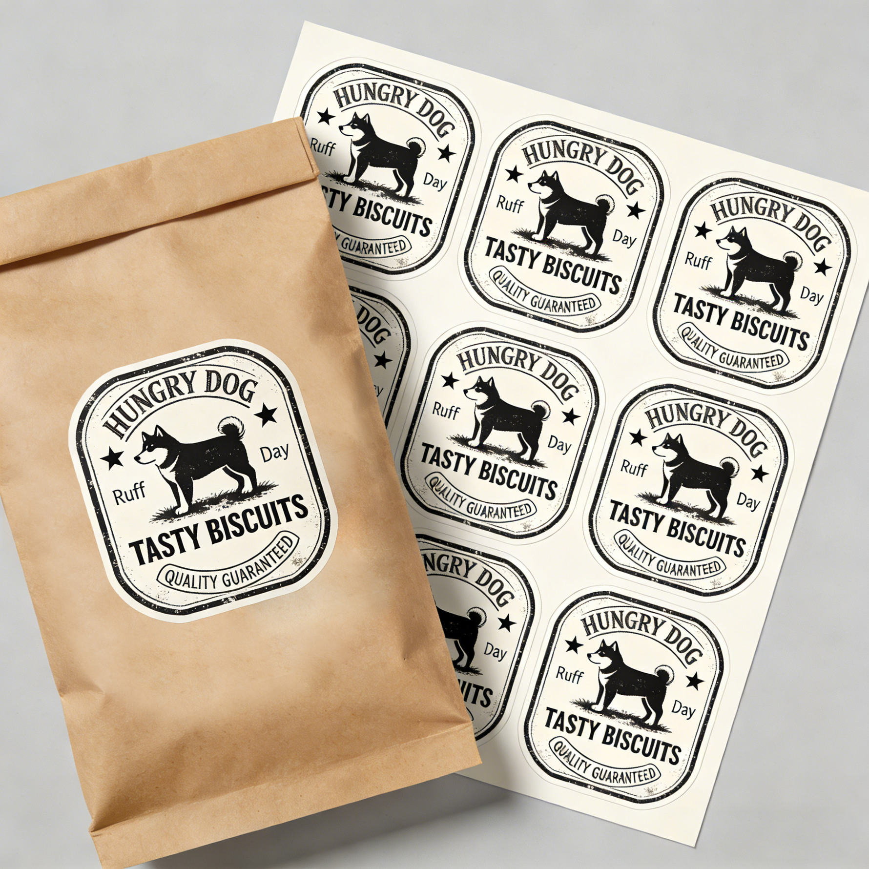 Rounded corner sheet labels for dog biscuit packaging, featuring custom black and white pet treat stickers on a kraft paper bag