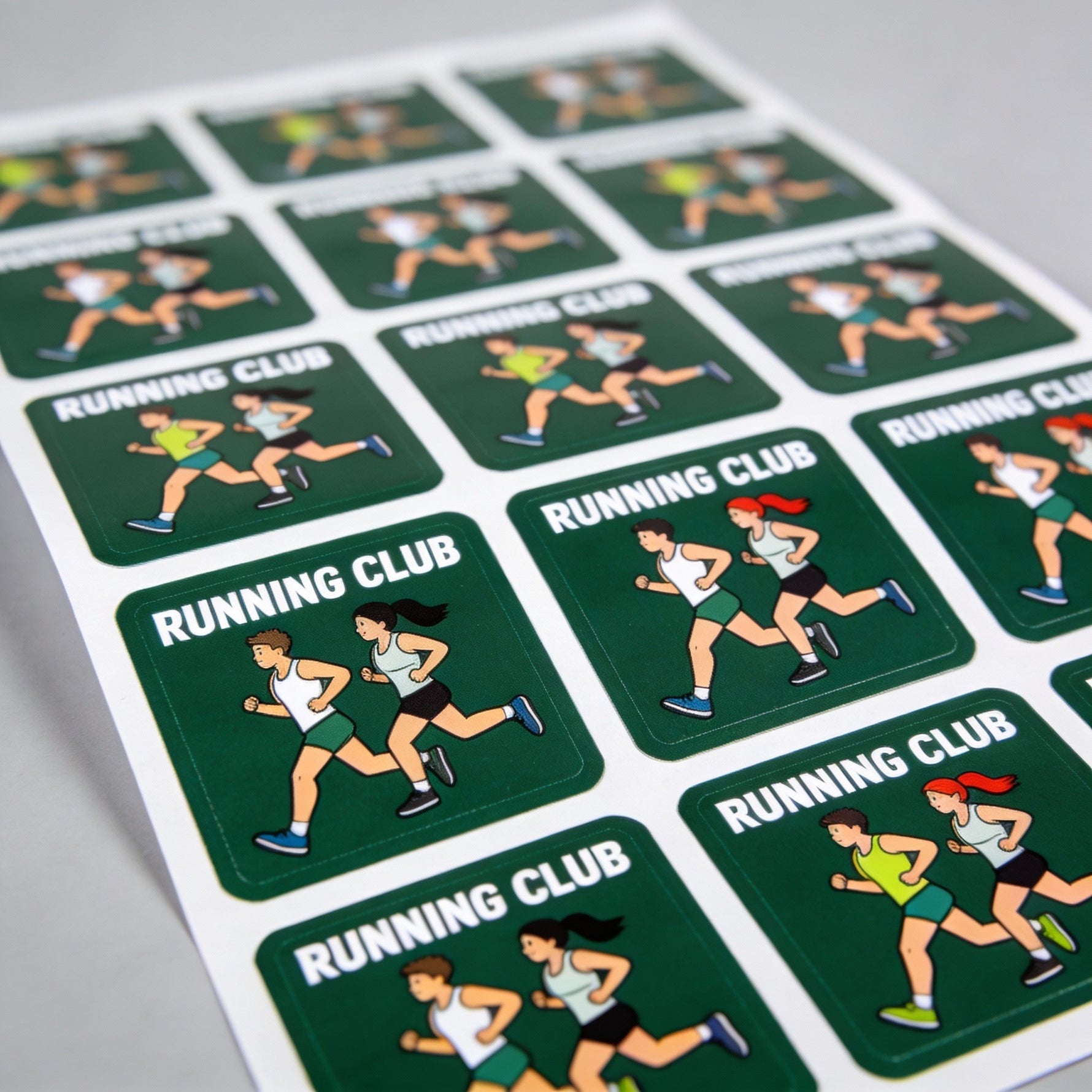 Green rounded corner sheet labels for running club stickers, custom printed athletic labels arranged on a sticker sheet