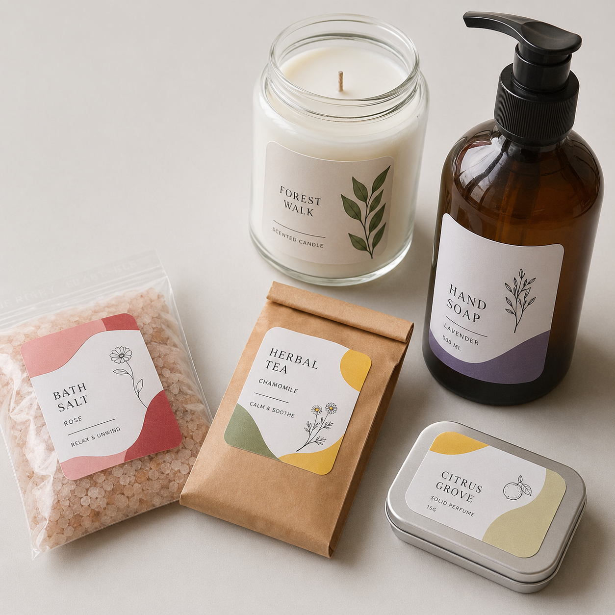 Rounded corner sheet labels applied to a set of natural self-care products, including a glass jar candle labeled “Forest Walk,” an amber pump bottle of lavender hand soap, a pouch of herbal tea, a packet of rose bath salt, and a small tin labeled “Citrus Grove,” all arranged on a neutral background.