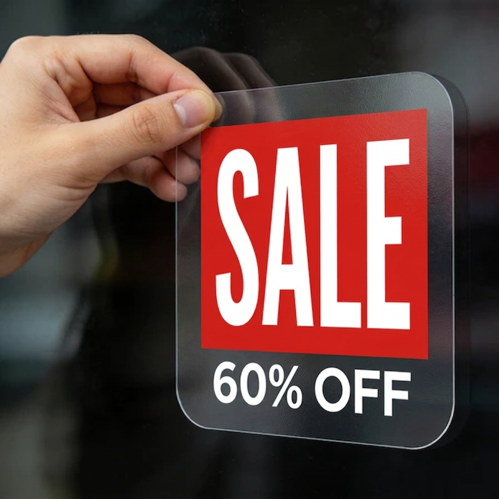 Hand holding a 'SALE 60% OFF' sign static clings promotion decal against a blurred window background
