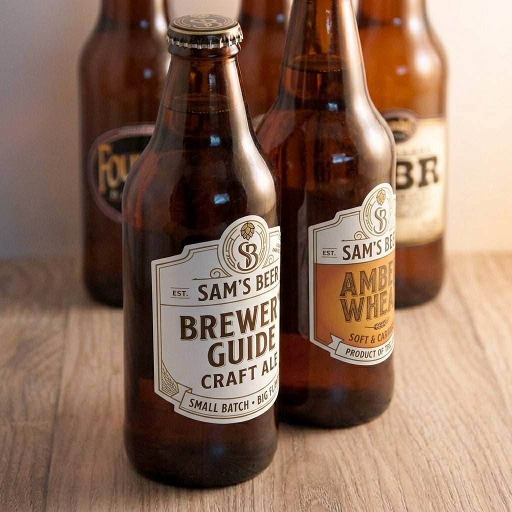 Beer bottles with custom craft brewery labels featuring vintage style branding and product packaging design