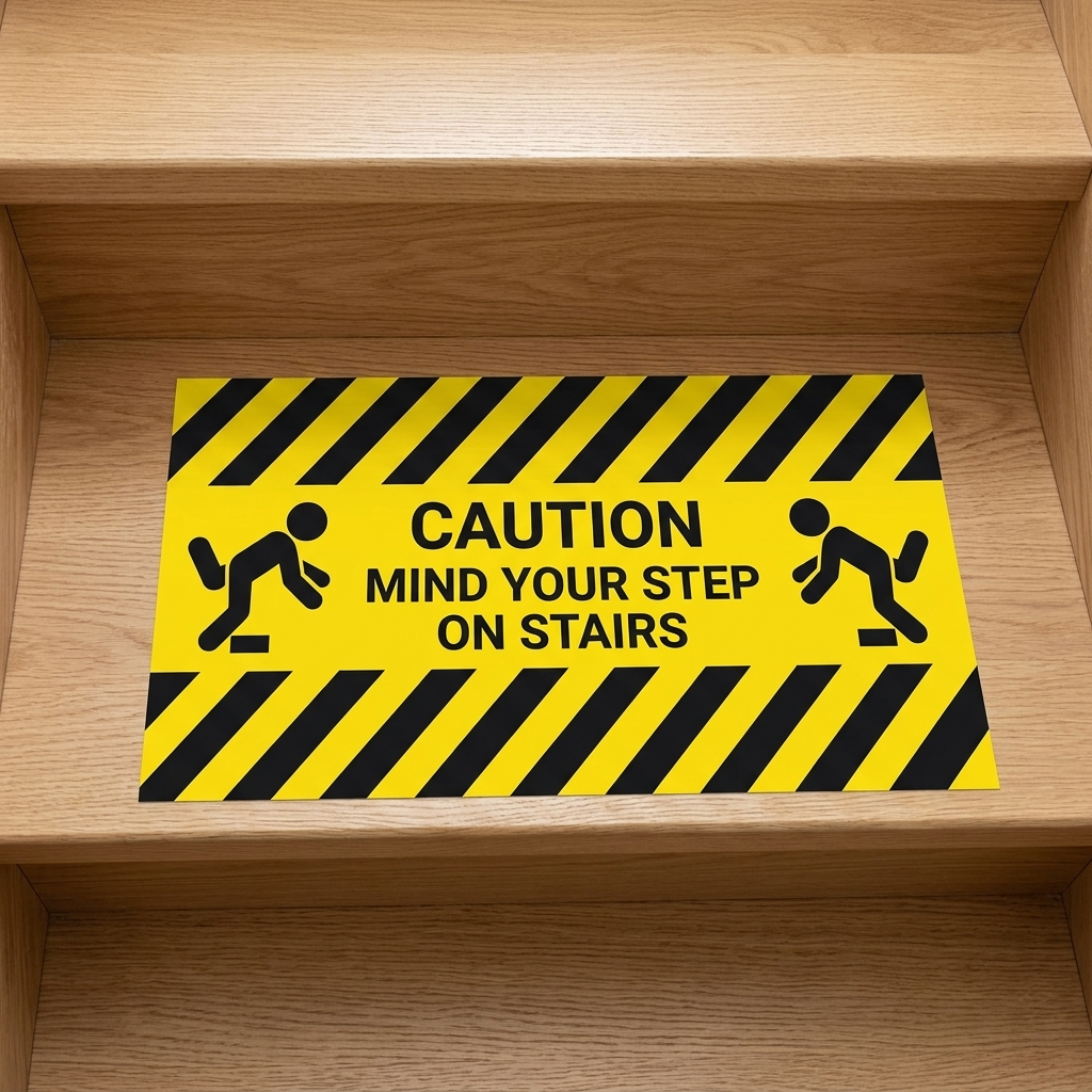 Safety floor sticker on stairs – custom floor stickers with caution sign for anti-slip safety and indoor flooring