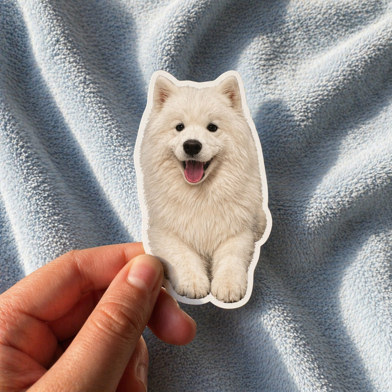 Hand holding a white Samoyed personalized pet stickers against a textured blue background