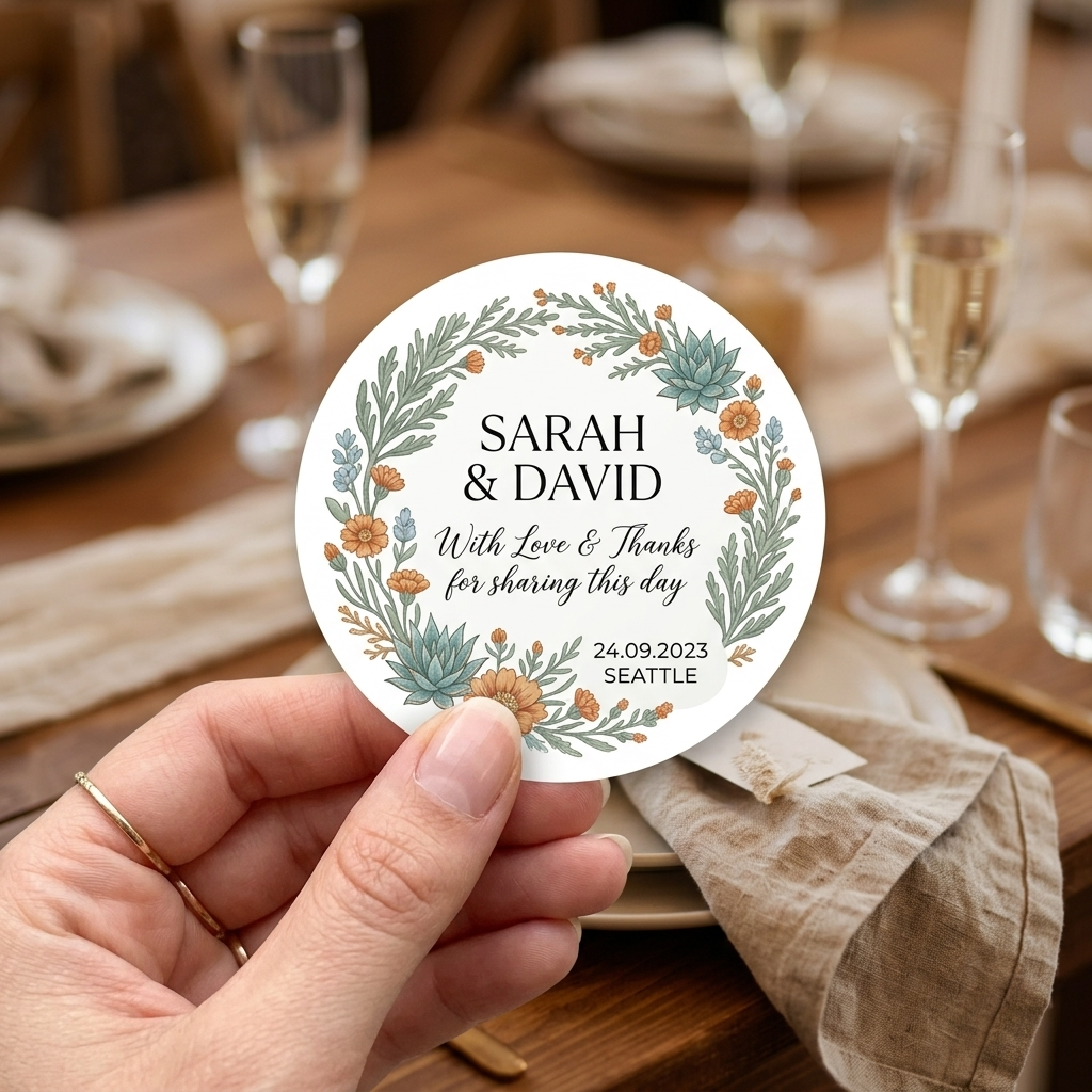 Round sticker with custom names "Sarah & David“ and wedding date ”24.09.2023“ used as wedding favor over a decorated table.