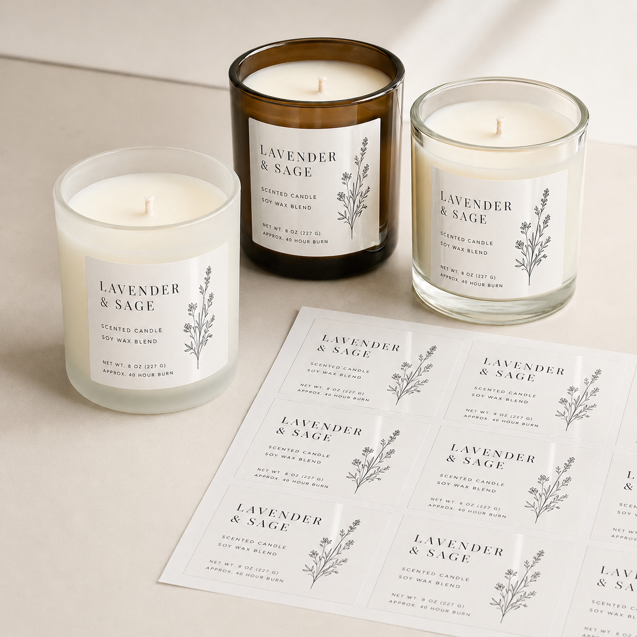 Sheet of rectangular labels applied to lavender and sage scented candles in glass jars, shown alongside matching label sheets on a neutral surface.