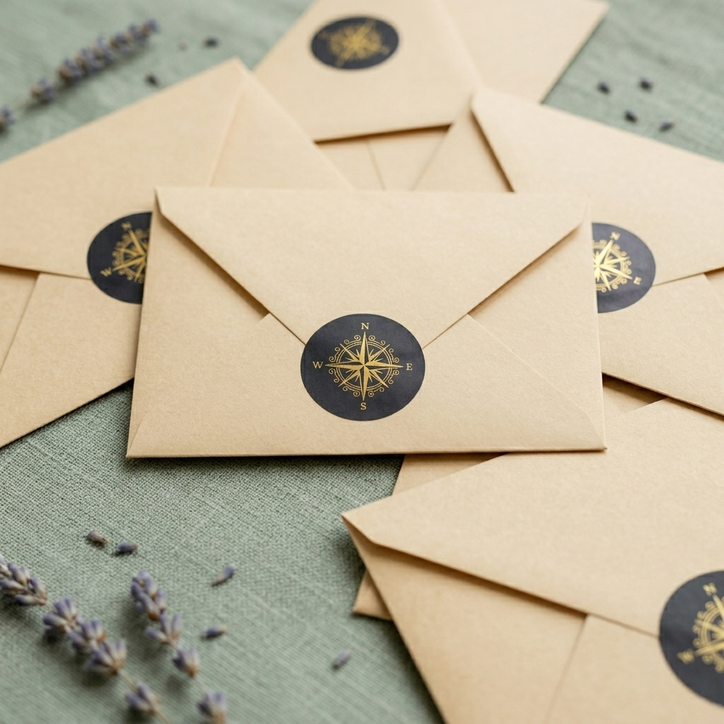 Small custom 1 inch circle stickers with a gold compass logo used as envelope seals for kraft wedding invitations.