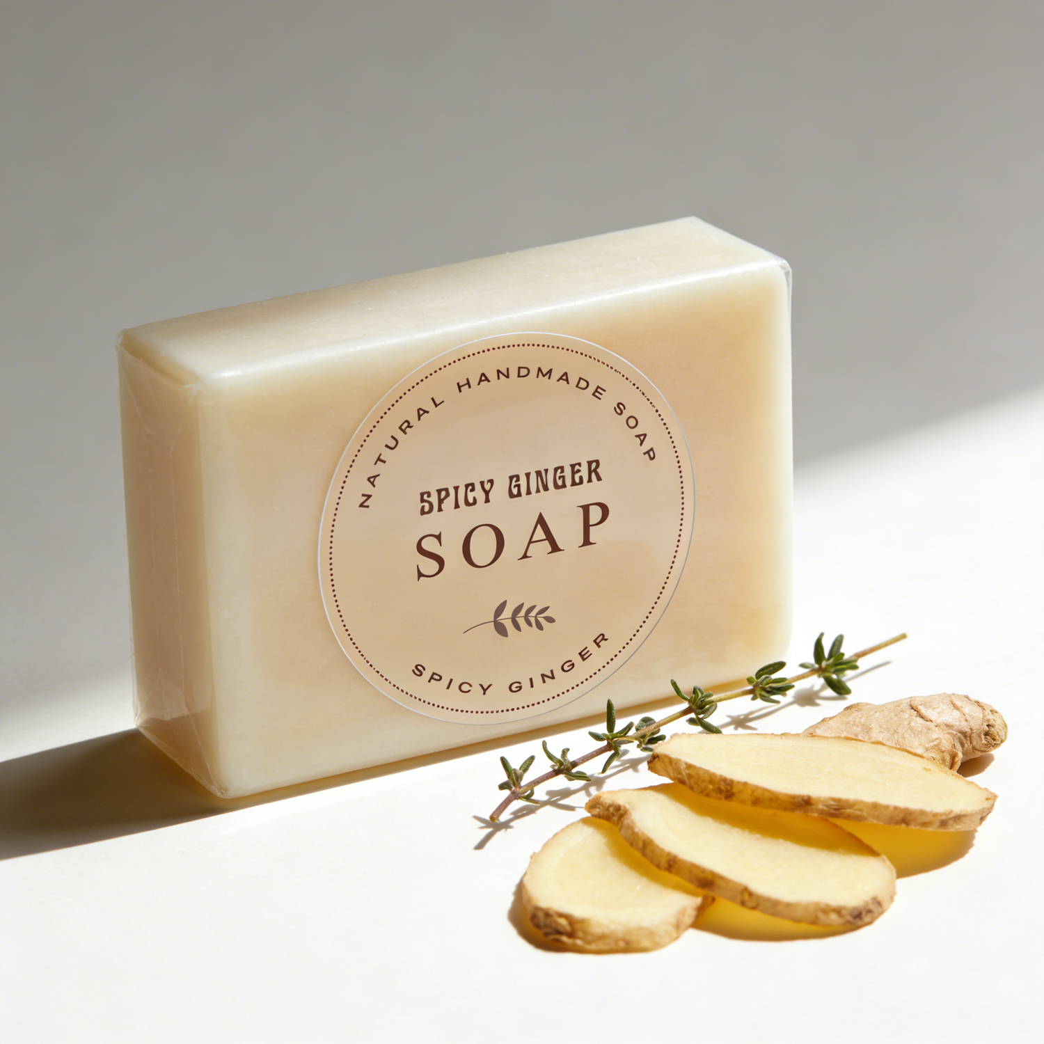 Spicy ginger soap bar with a clear vinyl sticker, accompanied by sliced ginger and a sprig of ginger on a light background.