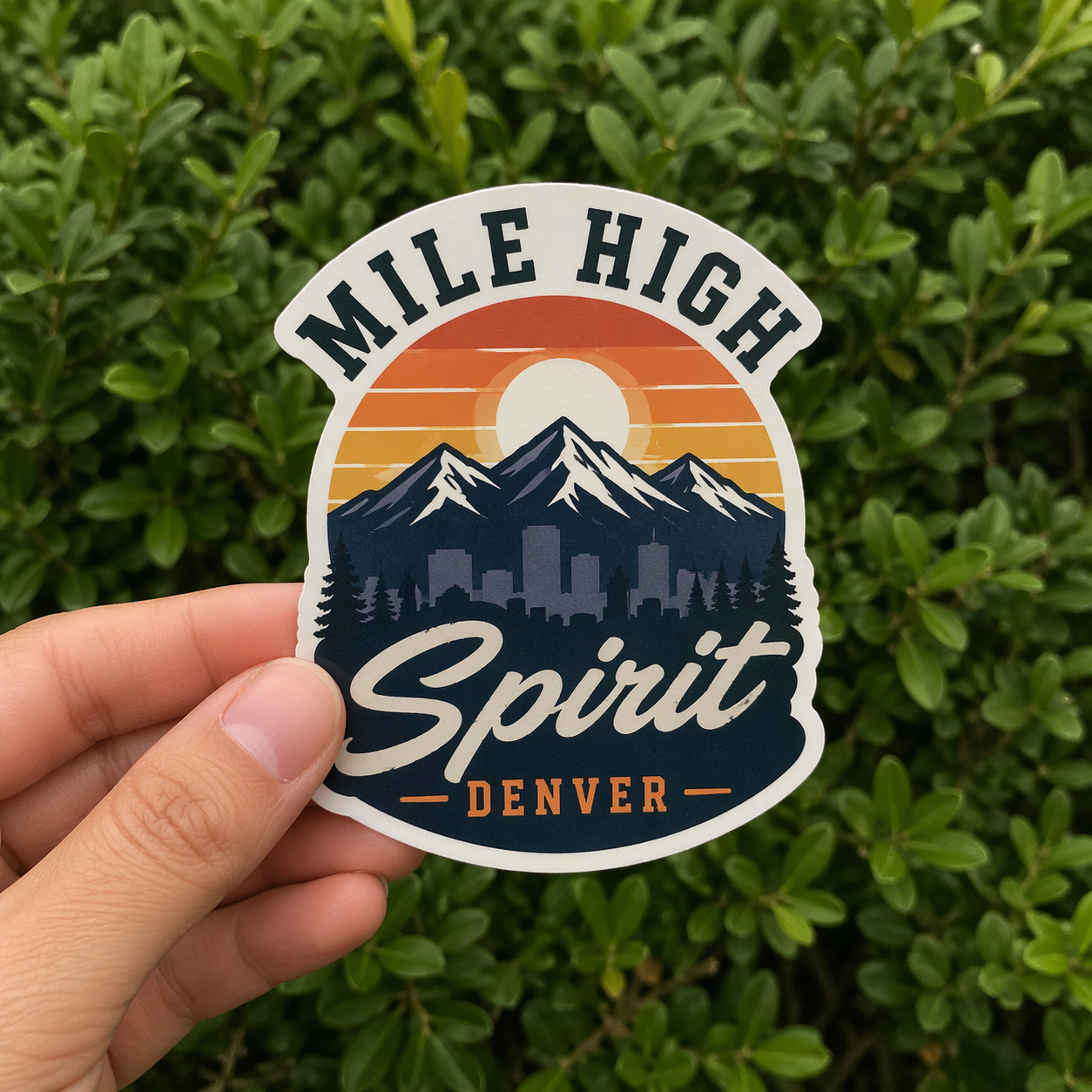Custom Vinyl Sticker with 'Mile High Spirit Denver' design held in front of green foliage