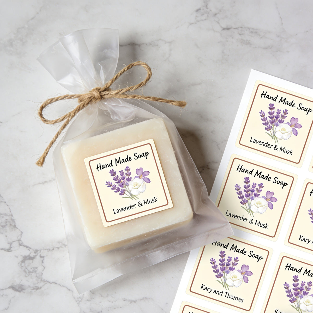 Square sheet labels for handmade soap packaging with lavender design.