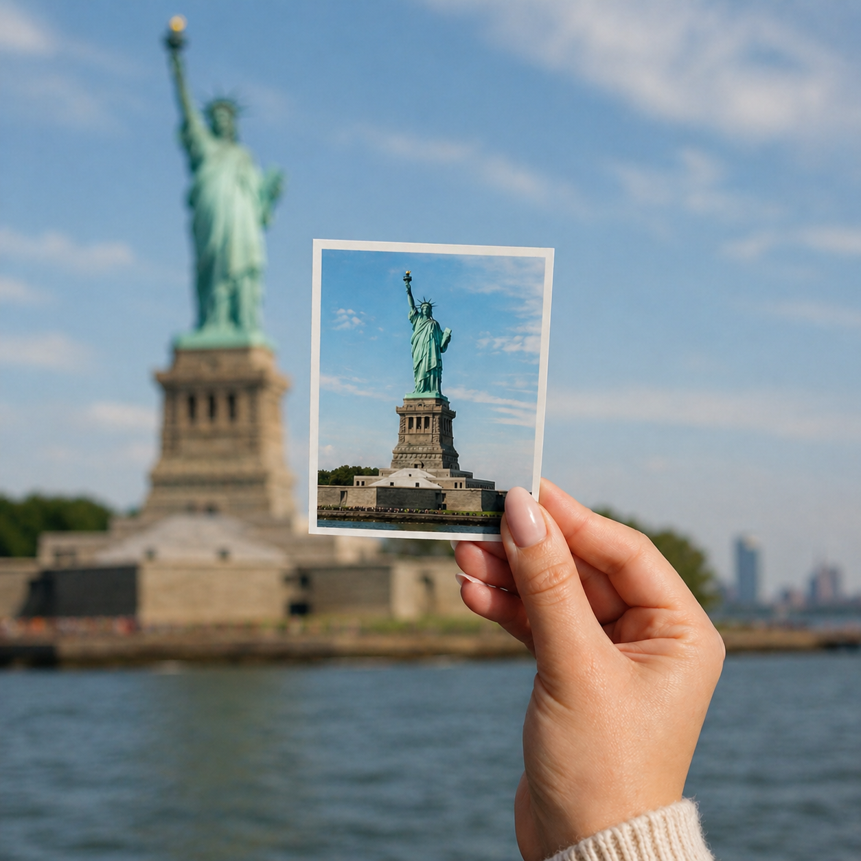 Custom photo sticker vs real landmark view – high quality personalized photo stickers online