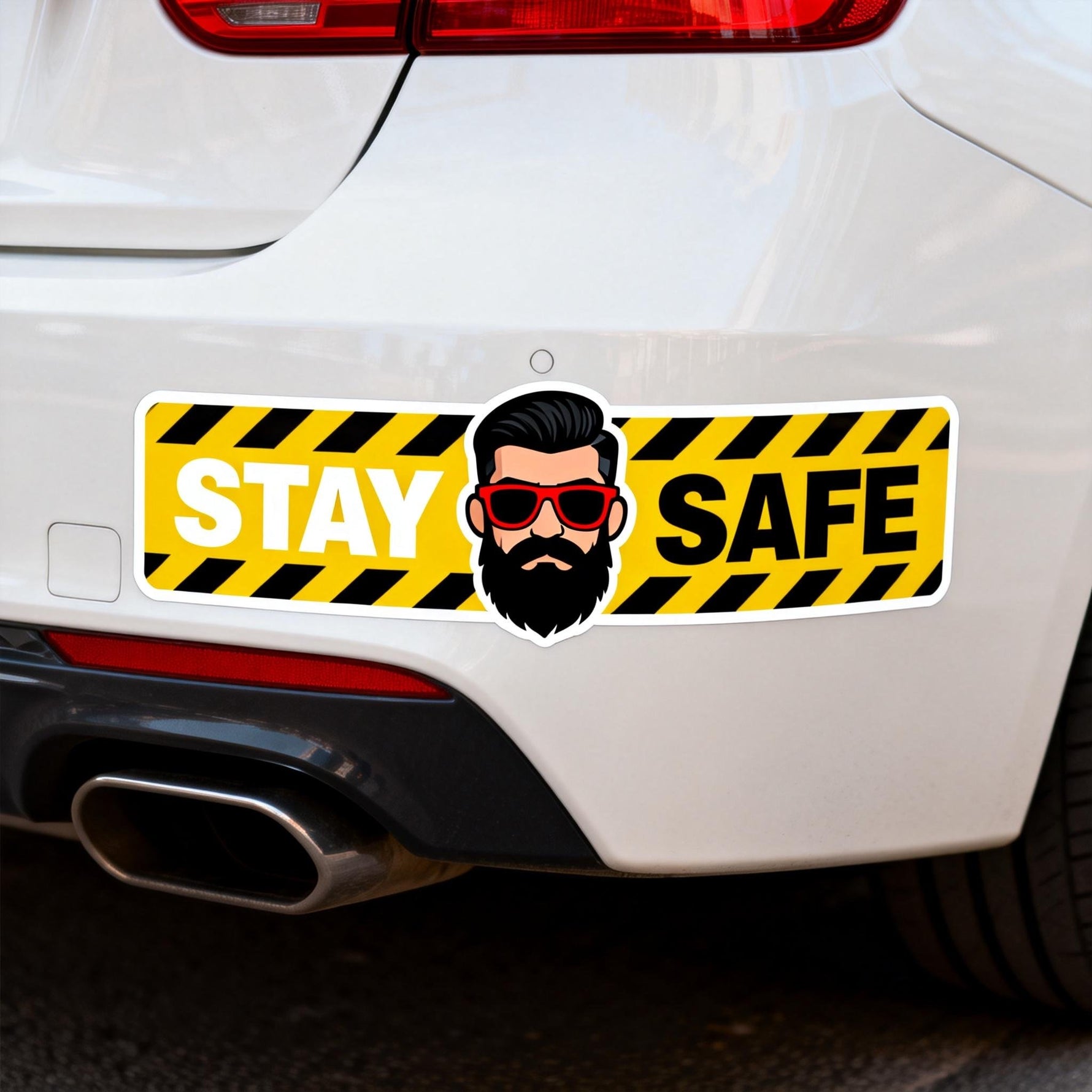 Stay safe car bumper sticker with hazard stripe design for vehicle safety message