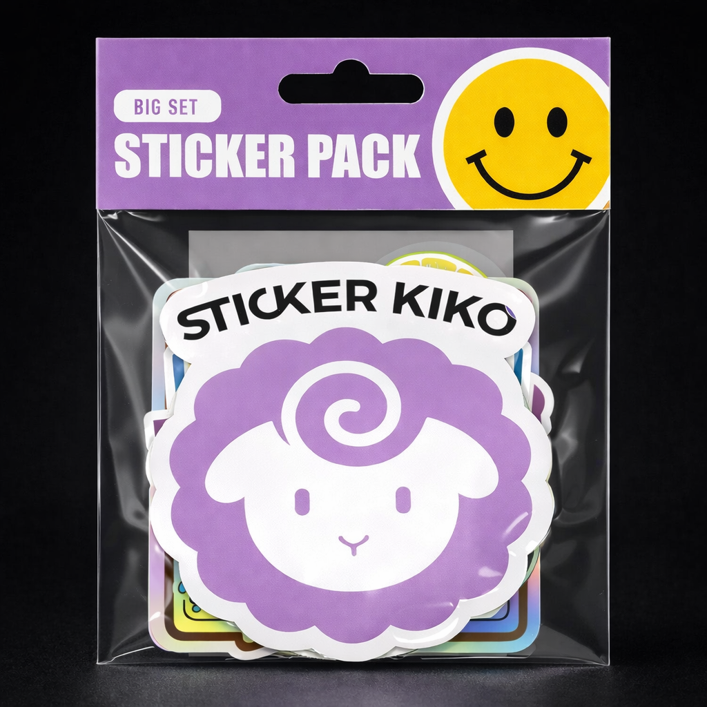 A variety of stickers from Sticker Kiko, featuring different materials or cutting methords including glossy vinyl, matte vinyl, holographic, glitter, clear, metallic silver, and glow in the dark, and kiss cut stickers.