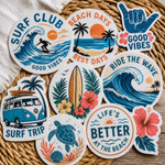 Surf stickers collection with tropical designs – custom surfboard stickers and surf brand stickers for boards and gear