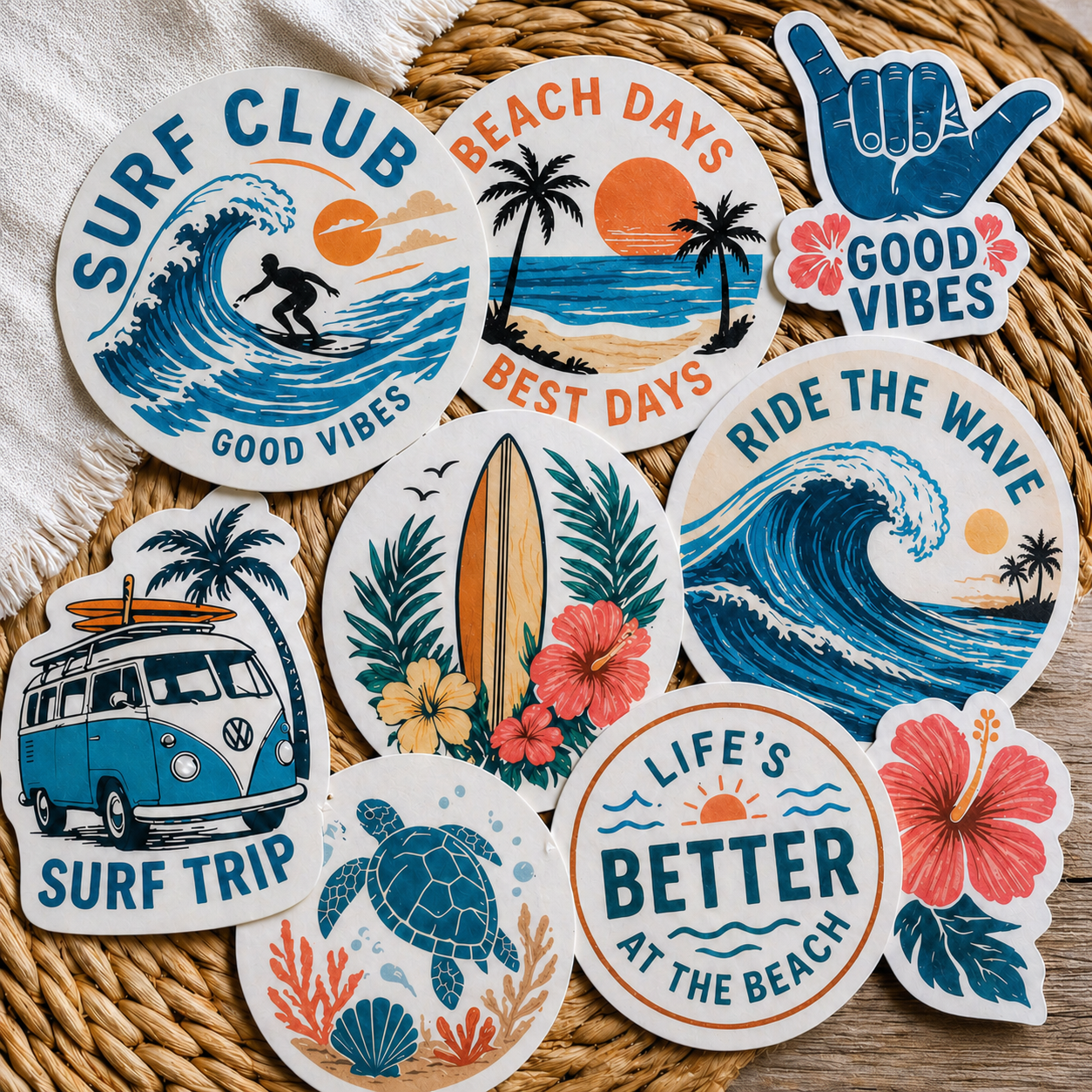 Surf stickers collection with tropical designs – custom surfboard stickers and surf brand stickers for boards and gear