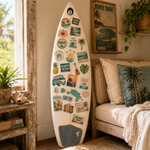 Surfboard stickers on board indoors – custom surfboard stickers with vintage surf graphics and waterproof surf stickers