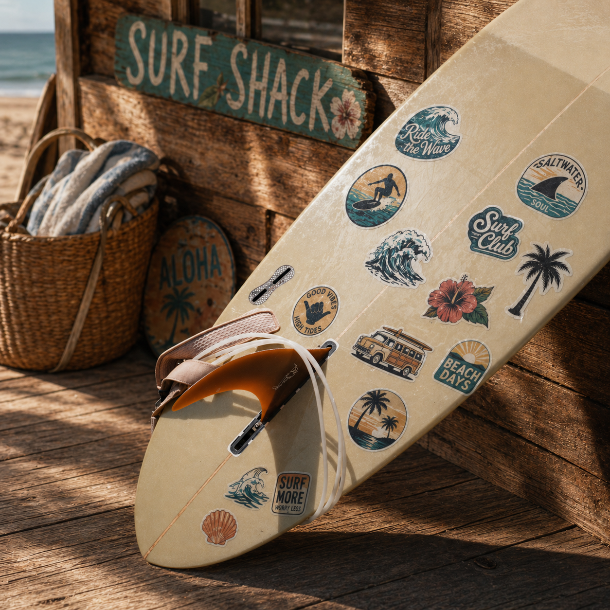 Custom surfboard stickers on board – waterproof surf stickers for surfboards with vintage and tropical graphics