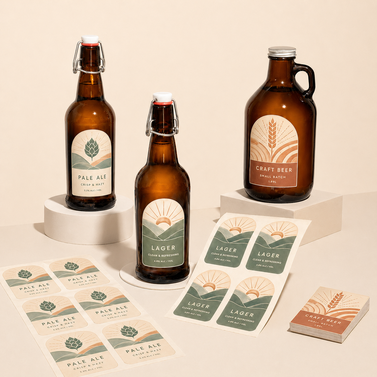 Three brown glass bottles with labels and a growler on a beige background